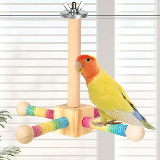 Birds Stand Perch Toy 360-degree Rotating Wooden Interactive Parrot Exercise Wheel Perch Toy Cage Accessory for Parakeets Budgies Lovebirds