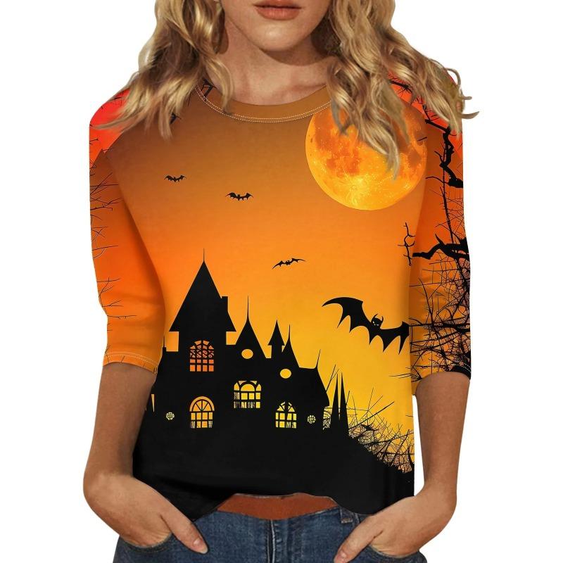 Women's T-shirt Halloween Pumpkin Print Fashion Long Sleeve Round Neck Regular Top Holiday Weekend Spring and Autumn