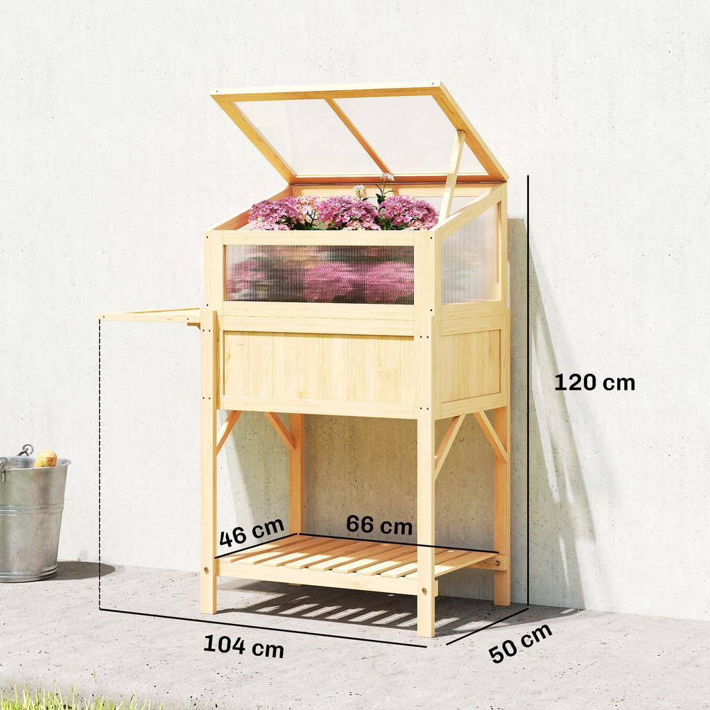 Raised Garden Bed with Wooden Cold Frame Top Planter Box with Greenhouse Foldable Side Table Storage Compartment Natural Wood