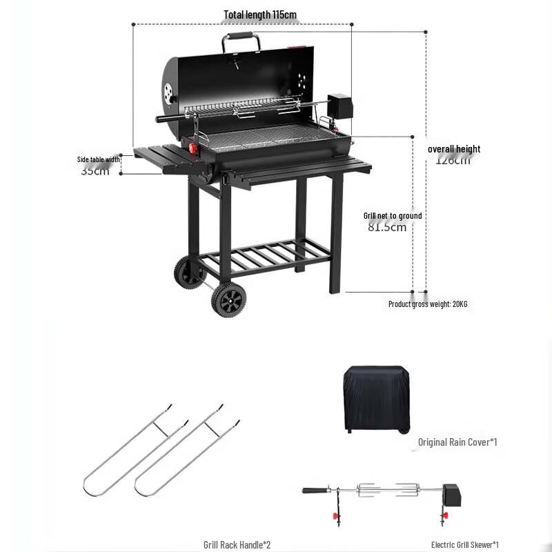 Large Outdoor American Style Charcoal BBQ Grill with Smoker & Electric Rotisserie