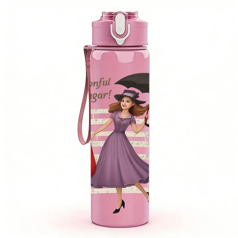 1PC Lady Umbrella Walking Painting 750ml Color Plastic Sports Water Bottle Leakproof Flip Straw Lid For Sports Office Home Use