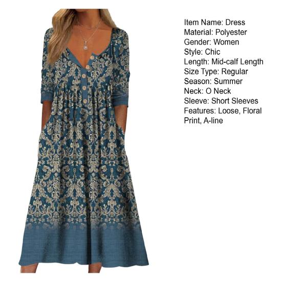 Summer Women Dress A-line Loose Hem Pleated O Neck Button Short Sleeve Loose Side Pockets Retro Floral Print Mid-calf Length Commute Beach Midi Dress
