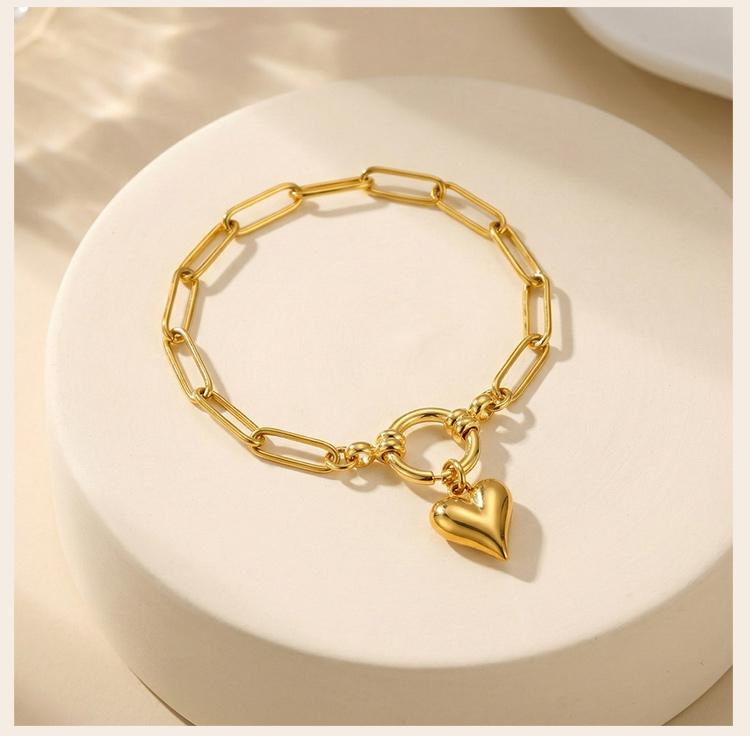 Браслет из нержавеющей стали с покрытием 18 карат, звенья-скрепки, для женщин, с пружинным замком, замком-тоглом, подвеской-сердечком с цирконами