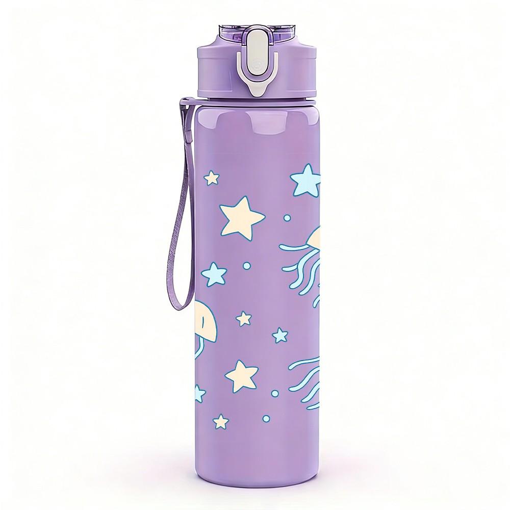 1PC Light Blue Jellyfish Pattern 750ml Color Plastic Sports Water Bottle Leakproof Flip Straw Lid Suitable for Sports Office Home Use