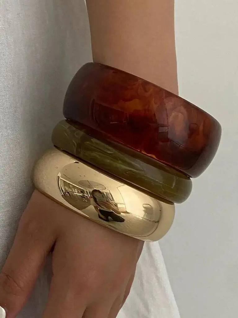 IngeSight.Z 3 Styles Boho Wide Chunky Round Acrylic Resin Bangle Women Hip Hop Geometric Metal Bracelet Stackable Charms Jewelry