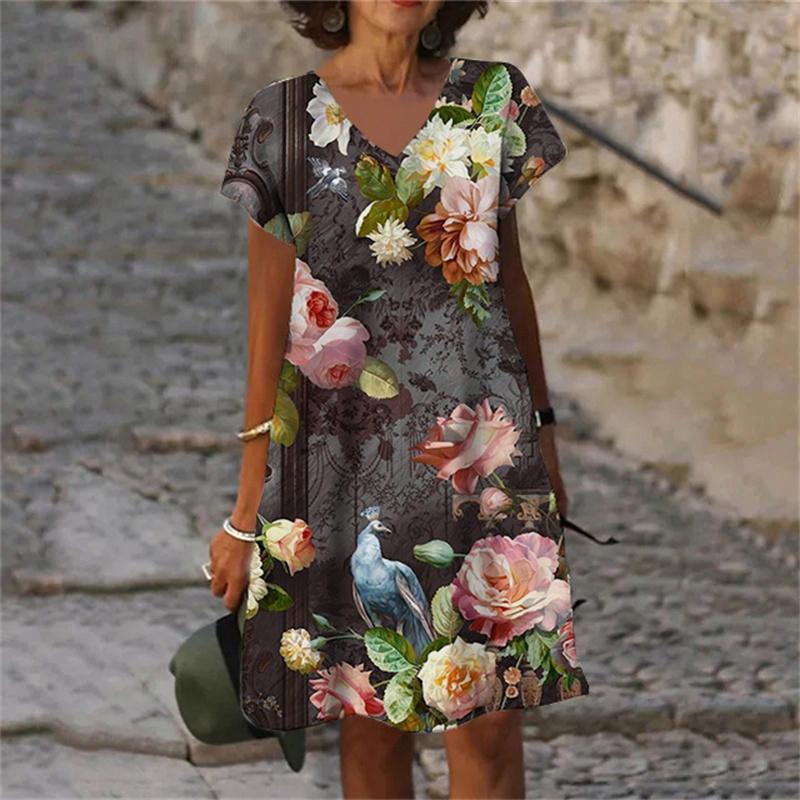 Растения Цветы Тай-дай Градиентный Принт Женское Платье Повседневное V-образный вырез Короткий рукав A-силуэт Платья Лето 2023 Новая Одежда Оверсайз