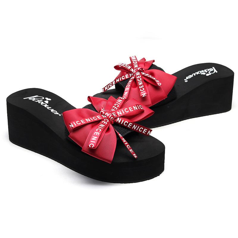 Высота каблука 6 см. Тапочки на платформе. Женские пляжные летние модные туфли с милым бантом.