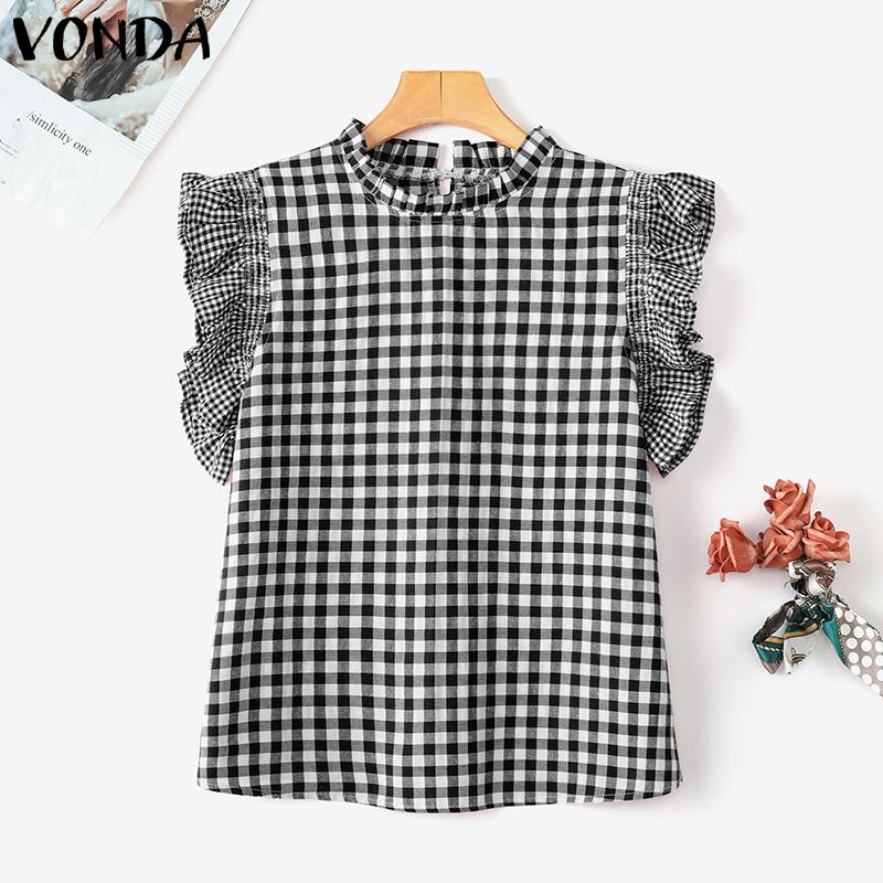 VONDA Summer Women Ruffled Sleeveless Plaid Check Print Casual Tank Tops