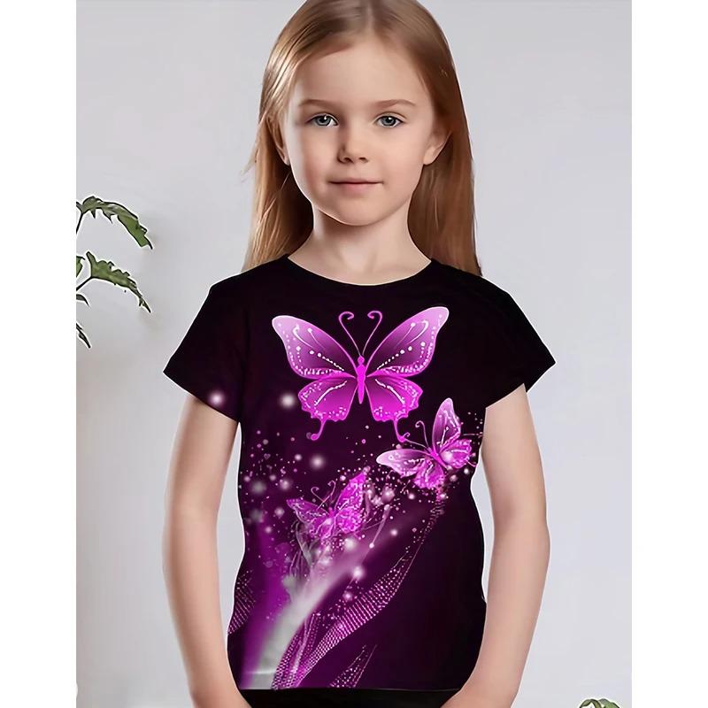 2024 New Purple Butterfly 3D Print T-Shirt For Girl Casual Tops Short Sleeve Tees For Girls Summer Kids T-shirts Chicas Camiseta