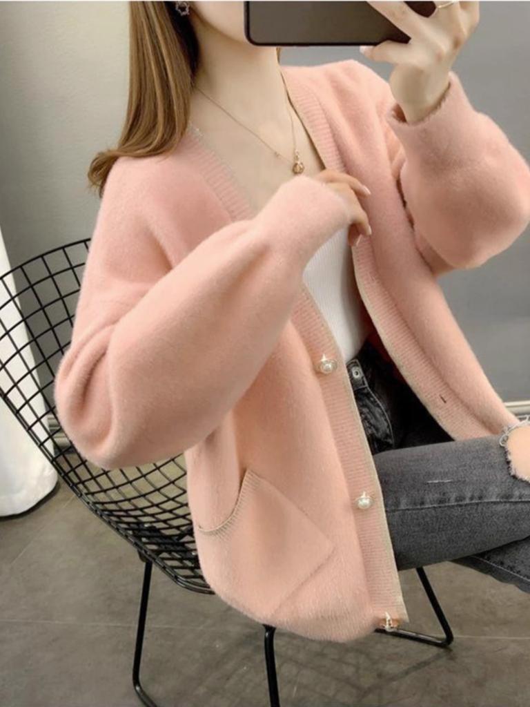 Autumn and winter solid color knitted women's imitation mink fleece cardigan sweater women's new thickened loose coat top