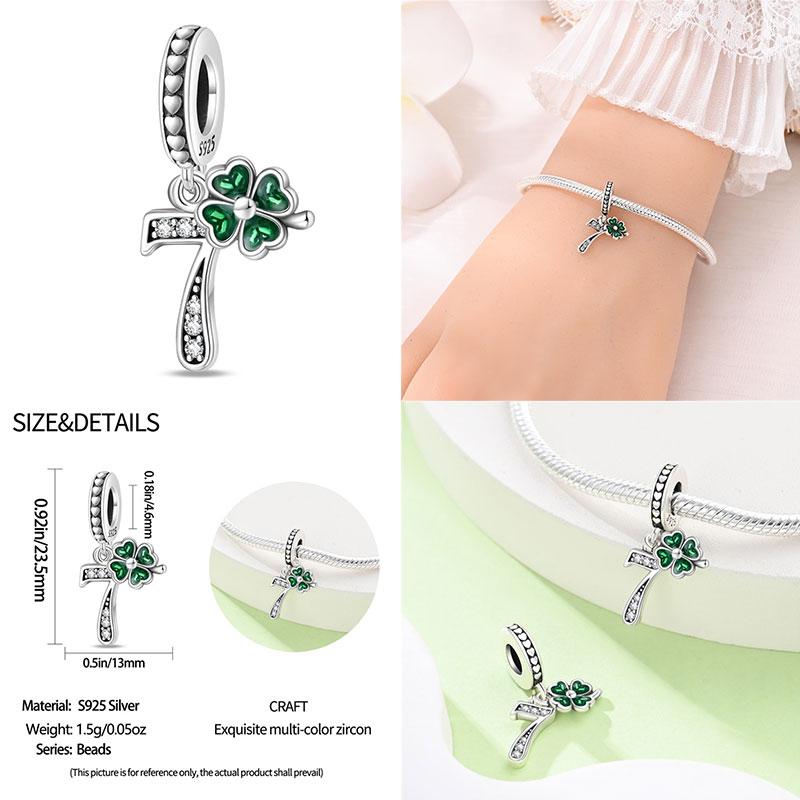 100% 925 Silver Green Zircon Lucky Number Pendant Suitable for Original 925 Women Bracelet DIY Jewelry Making Gift