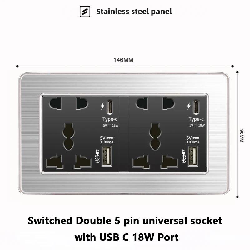 Luxury Brushed Stainless Steel Wall Light Switch,Universal 5pin 18W Type-C Quick Charging outlet,UK Standard Dual USB Socket
