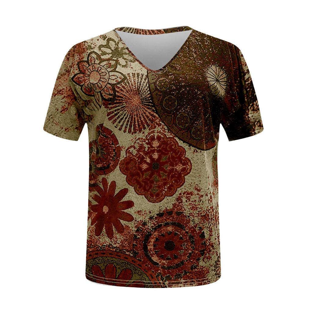 Women's Fashion Casual V-Neck Loose Comfortable Short Sleeve Print Tops Blouse