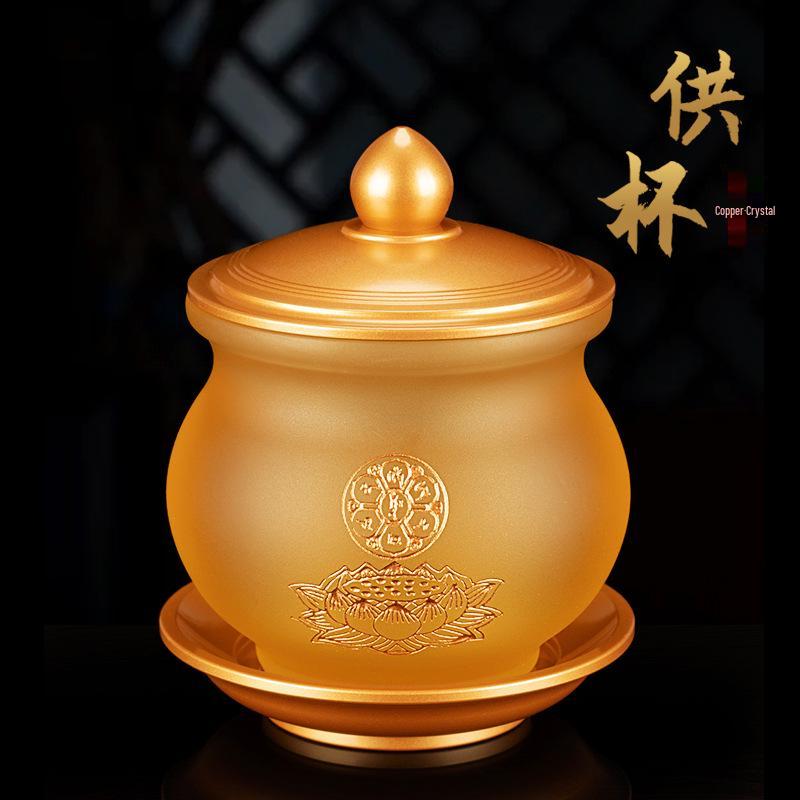 Набор для подношений из чистого медного лиули: Будда, Лампа Гуаньинь, Тарелка, Чашка для воды, Благовонница.