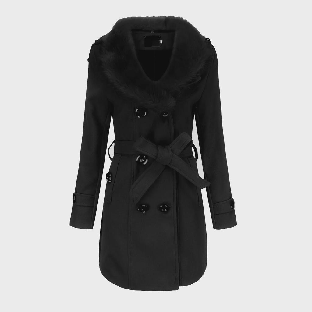 Женское шерстяное зимнее пальто средней длины с большим меховым воротником - европейский размер