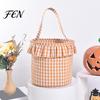 Festive Party Favor Holders Halloween Basket, Plaid Ruffle Trick or Treat Candy Bucket with Handle Baskets for Kids, Reusable Gingham Fabric
