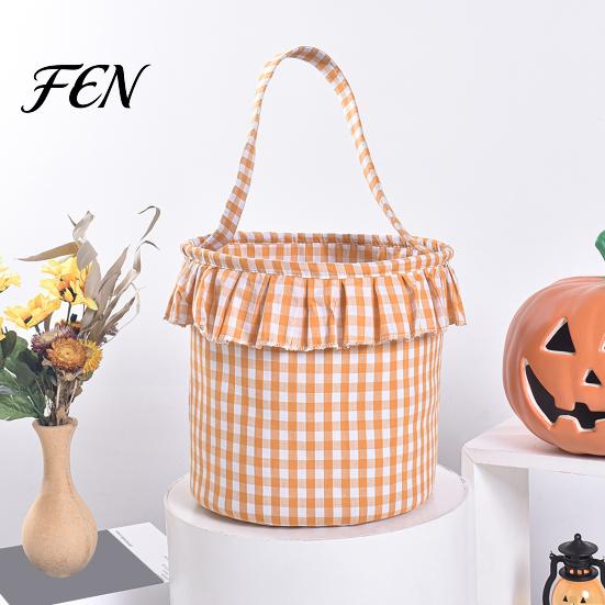 Festive Party Favor Holders Halloween Basket, Plaid Ruffle Trick or Treat Candy Bucket with Handle Baskets for Kids, Reusable Gingham Fabric