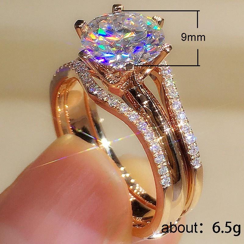 Кольца Huitan Unique Rose Gold Color для женщин, классические, с 6 когтями, с кубическим цирконием, обручальные кольца, ювелирные изделия