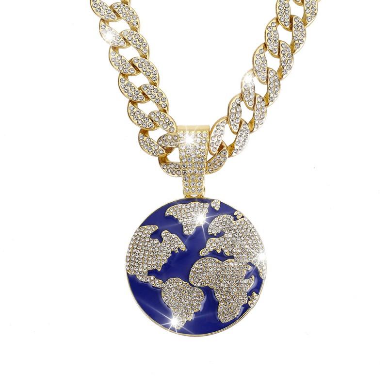 Hip Hop Earth Pendant With Full Rhinestone Inlay Alloy Necklace Men Cuban Chain Layering Style