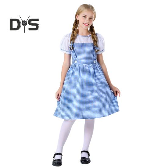 Girl's Blue Gingham Dress Kansas Girl Halloween Fancy Party Dress-up Costume Fairytale Musical Movie Character Cosplay Outfit for Kids