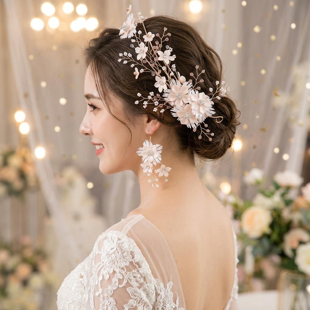 Flower Hairband Earring Set For Wedding Photoshoot Floral Headwear