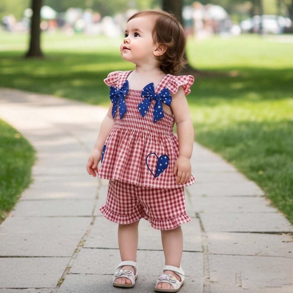 Hot Selling Patriotic Infant Girls Clothing Set Star Bow Fly Sleeve Top Plaid Shorts 2 Piece Outfit With Heart Embroidery For 0 3 Years Old Daily Wear