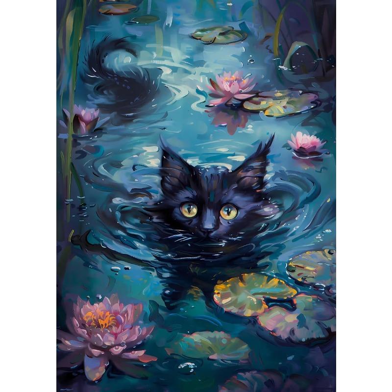 Retro Cute Black Cat And Lotus Landscap Canvas Paintings Impression Monet Posters and Prints Wall Pictures For Living Room Decor