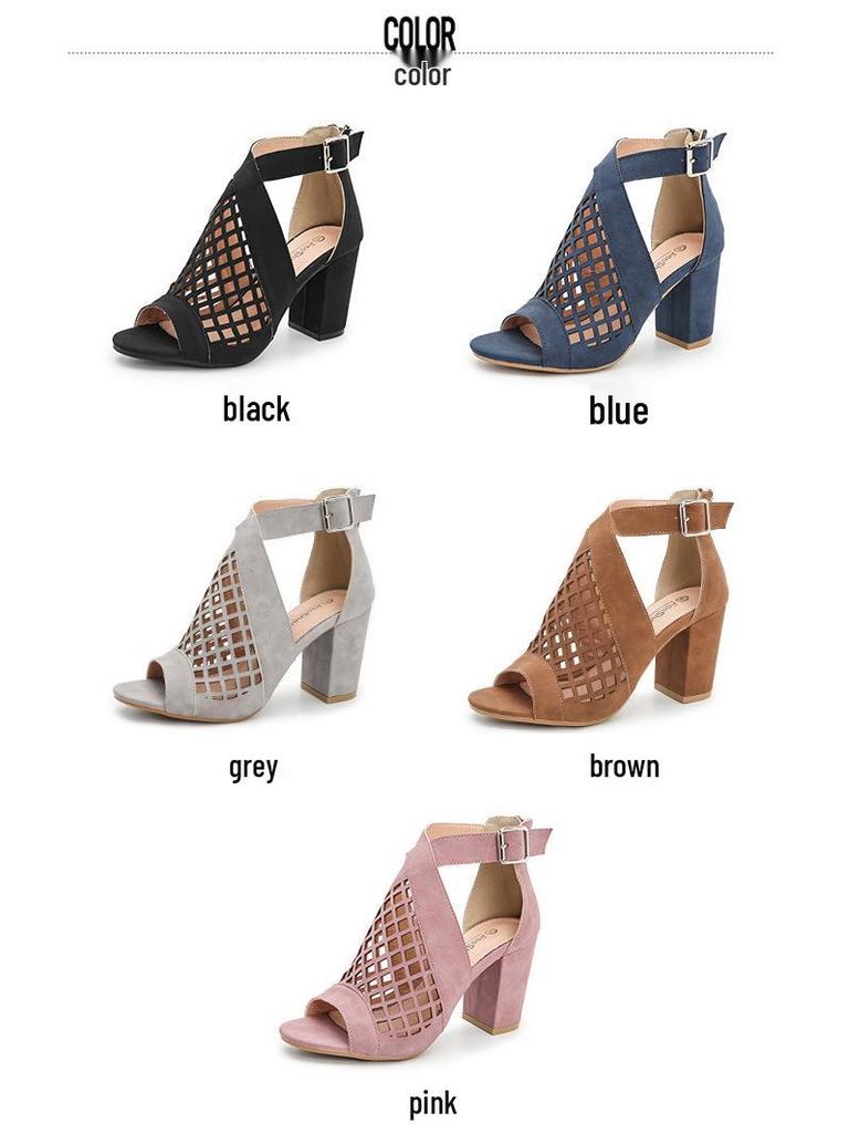 Босоножки с открытым носком и массивным каблуком: Летняя коллекция 2025 года для женщин больших размеров – Европейский и американский стиль, Ажурный дизайн