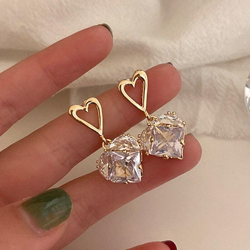 Trendy 14k Real Gold Crystal Heartearrings For Women Accessories Korean Fashion Jewelry S925 Silver Needle Shiny Zircon Ins Gift
