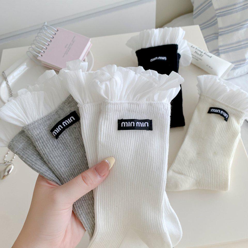 Мэри Джейн Носки женские с двойной иглой в корейском стиле, с белым кружевом и оборками, с тканевой этикеткой с надписью в стиле Miu