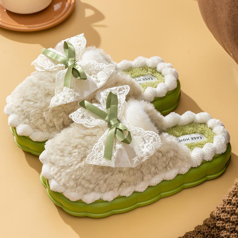 Модные хлопковые тапочки с бантиками, женские зимние домашние теплые парные тапочки 2024 года, толстые нескользящие пушистые тапочки для отдыха