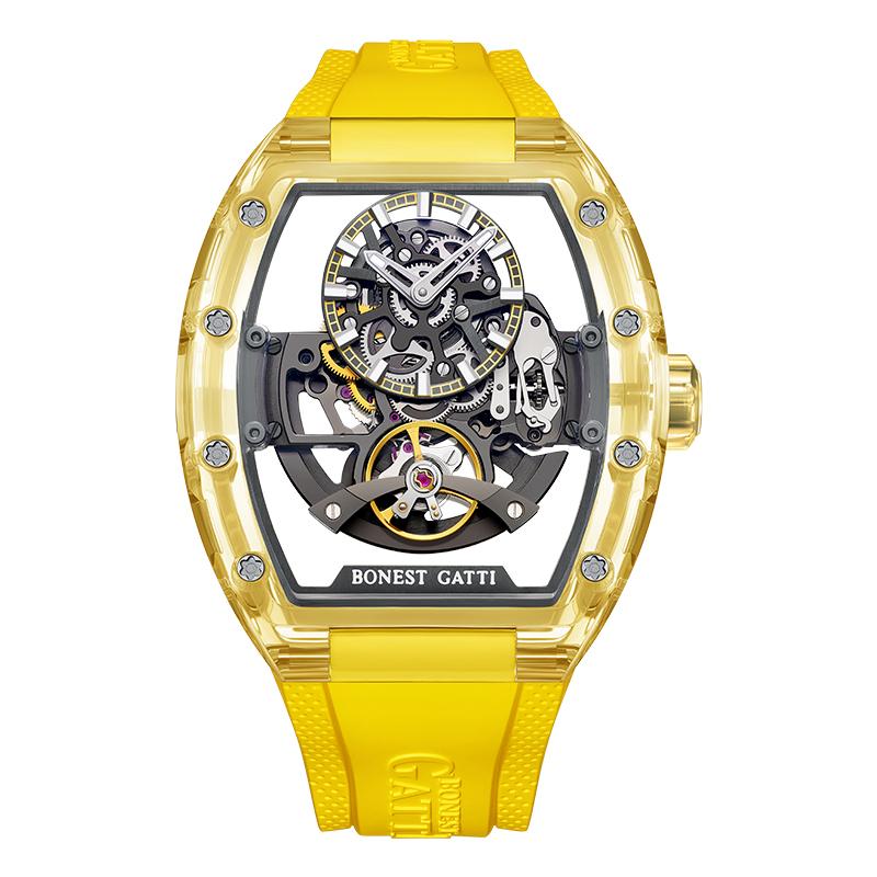 BONEST GATTI New Men Mechanical Watch Tonneau Crystal Case Skeleton Rubber Strap Light Luxury Luminous Wristwatch for Men