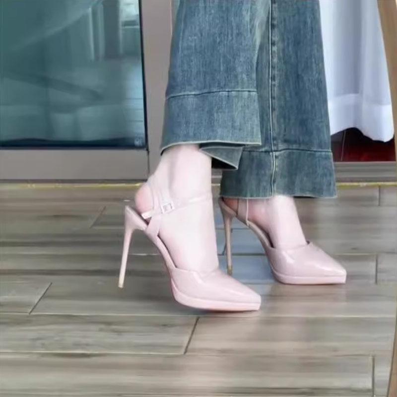 Глянцевые черные туфли на высоком каблуке для женщин, укороченные мужские тонкие каблуки, неутомляющие ноги, водонепроницаемый стол, высококачественные босоножки с острым носком для женщин, новые модели 2024 года