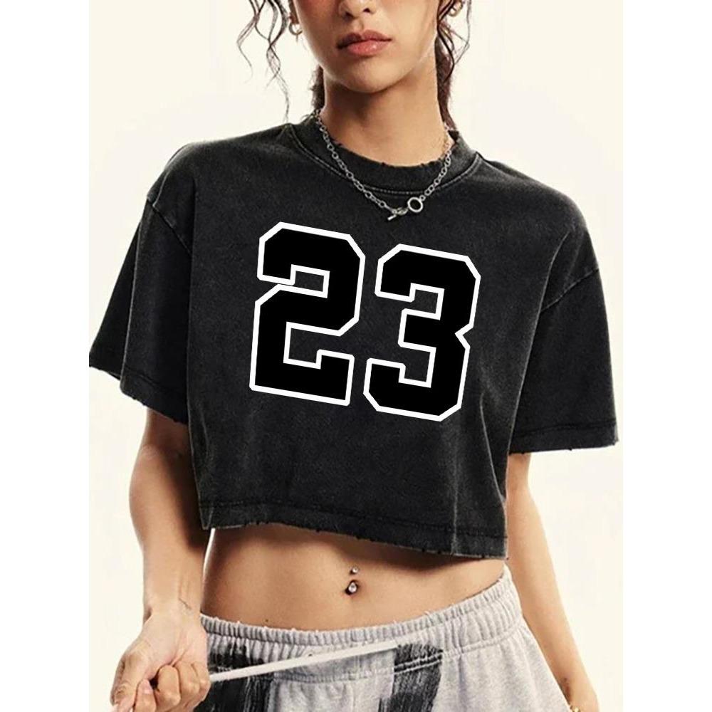 23 Letterprinting Female Washed Short Tshirts Breathable Casual Summer Clothes Distress Vintage Midriff-Baring T-Shirt Women