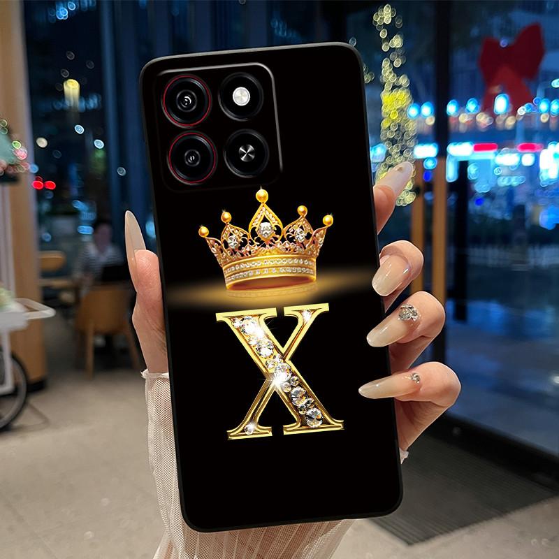 Cool Lucky A-Z Letter Phone Case For ZTE Blade A35/A55 Soft Silicone Black Case Shockproof Luxurious Glitter Crown Shell