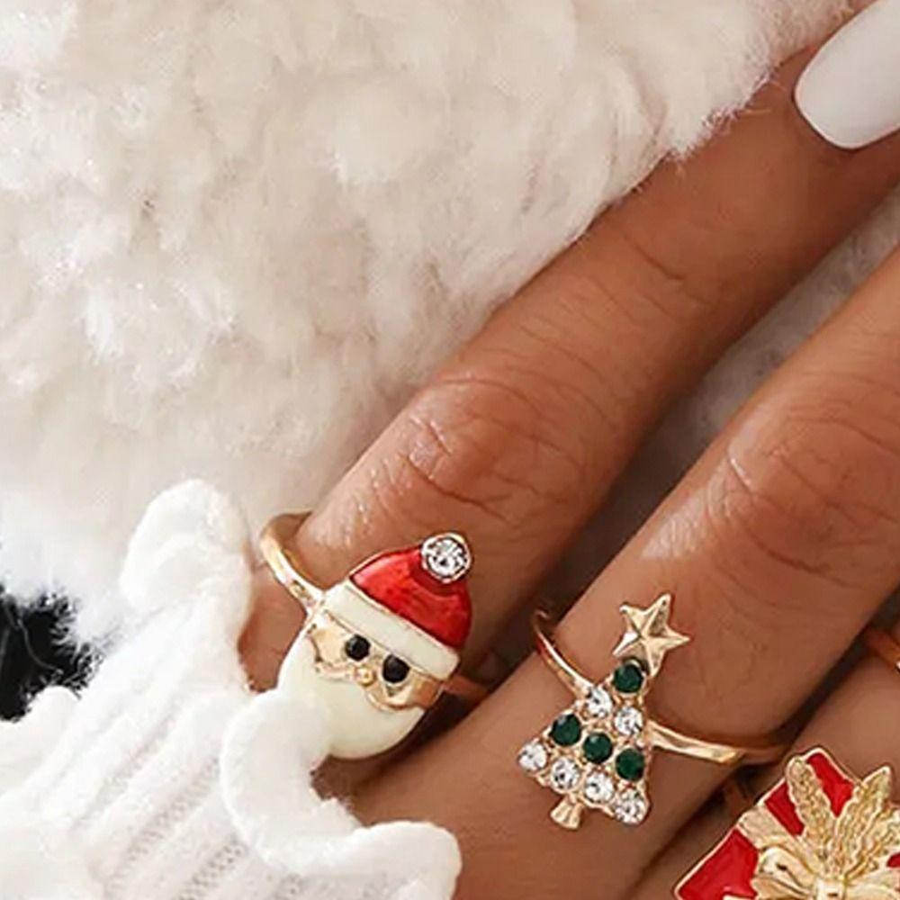 6pcs/Set Dripping Oil Christmas Ring Set Christmas Tree Xmas Jewelry Ornaments Gift