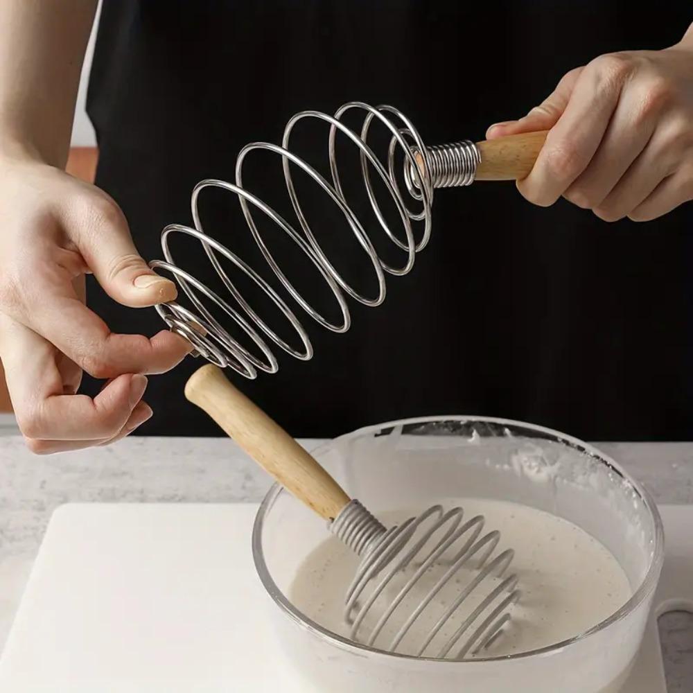 Wood Handle Spring Egg Whisk Stainless Steel Egg Mixer Kitchen Supplies Spiral Egg Beater Butter