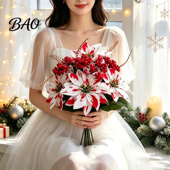 Decorative Plants for Planters Artificial Poinsettia Flowers, Christmas Fake Floral Berry Centerpiece, Fade-Resistant Dieffenbachia Red And White Home