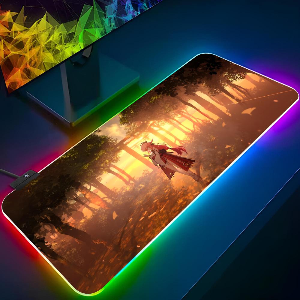 Коврик для мыши Yae Miko Genshin Impact Игровой RGB-коврик для мыши Печать на заказ Клавиатура с подсветкой Девушка-геймер XXL Коврик для ноутбука Настольные коврики Deskpad