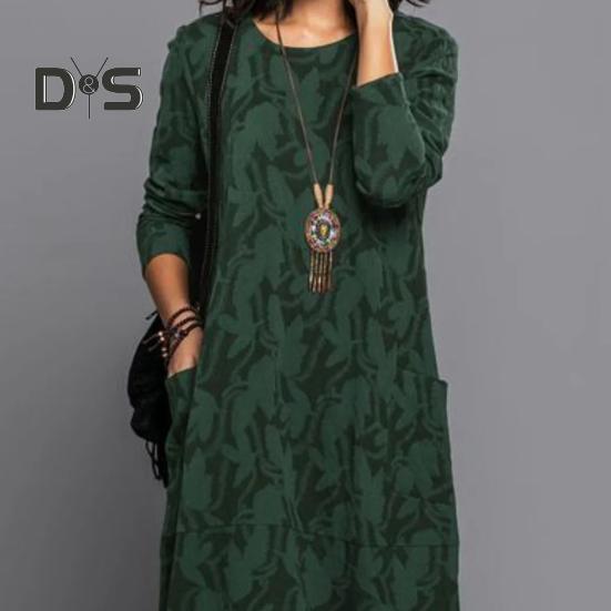 Женское платье весна-осень с круглым вырезом, длинными рукавами и боковыми карманами, свободное платье-миди длиной до середины икры с цветочным принтом для повседневной носки и поездок на работу