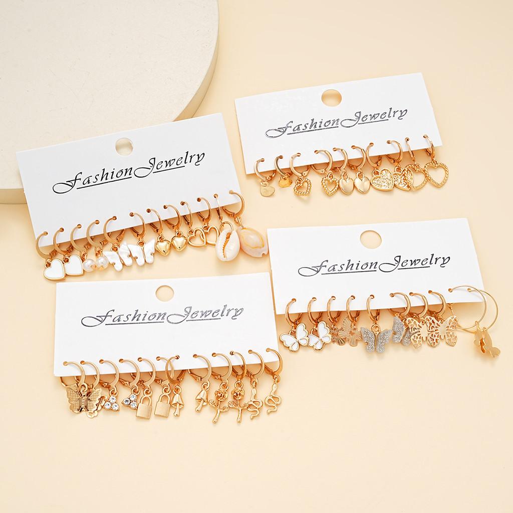 17KM Fashion Butterfly Heart Piercing Earrings for Women Elegant Crystal Artificial Pearl Hollow Ring Accessories Jewelry