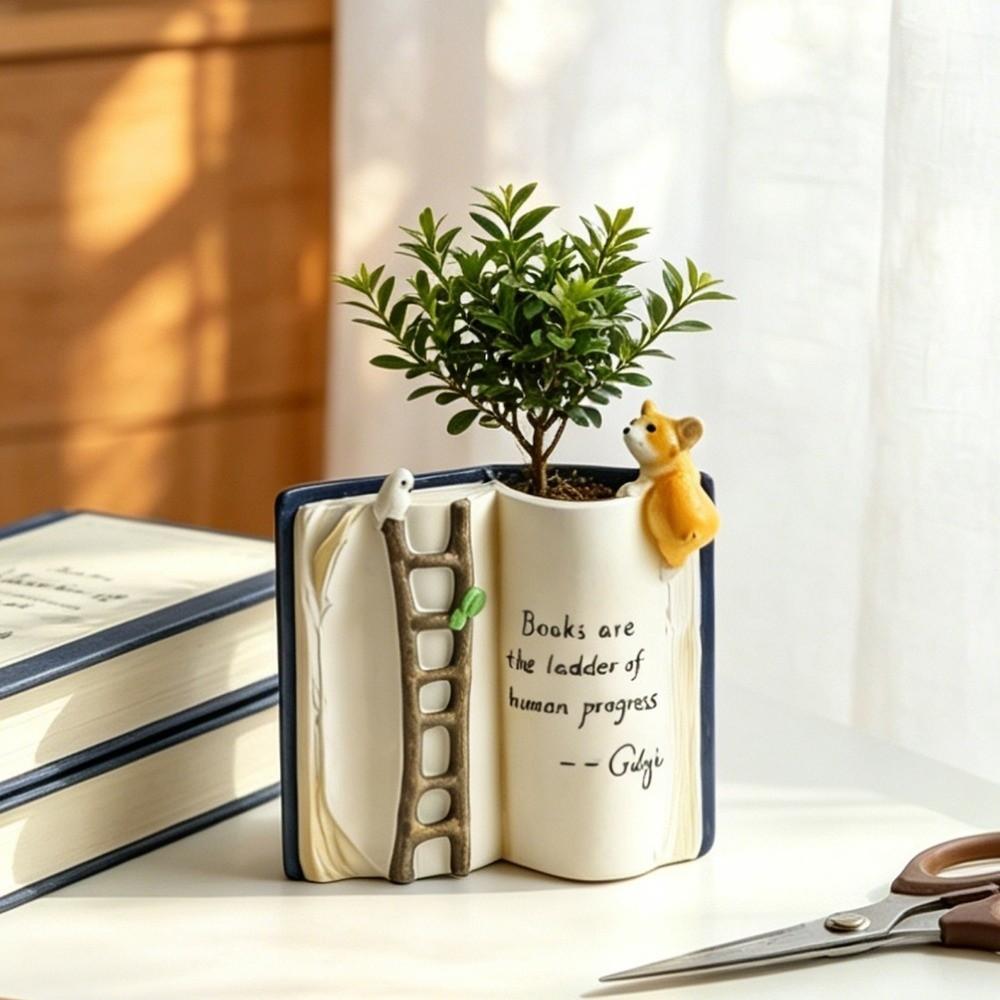 Cartoon Book-Shaped Planter Polyresin Open Book Flower Pot Succulent Planter Small Planting Use