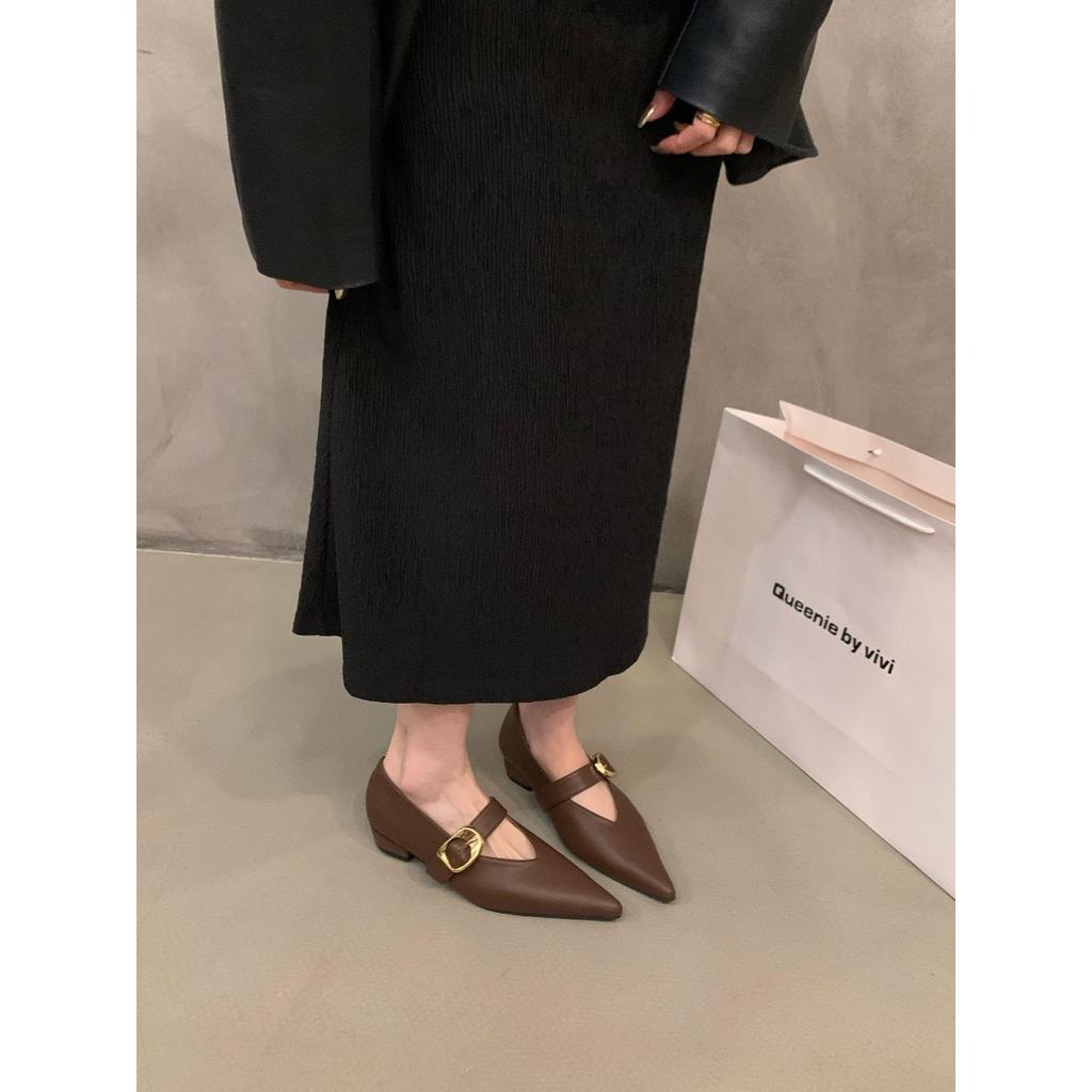 Туфли на плоской подошве с острым носком черного цвета, женские летние туфли на низком французском каблуке, темпераментные туфли Мэри Джейн из кожи