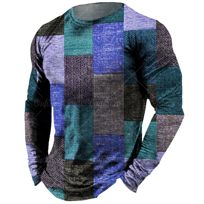 Винтажная мужская футболка с длинным рукавом, топы с клетчатым принтом, осенняя толстовка большого размера, мужская повседневная уличная одежда с круглым вырезом, мужская одежда
