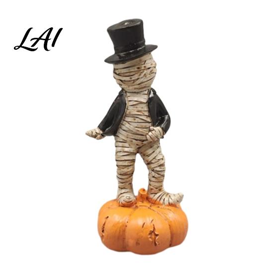 Halloween Sand Table Landscaping Dancing Mummy Figurines with Pumpkin Base Funny Gentleman Top Ornament Hat Statue Spooky Tabletop Decor for
