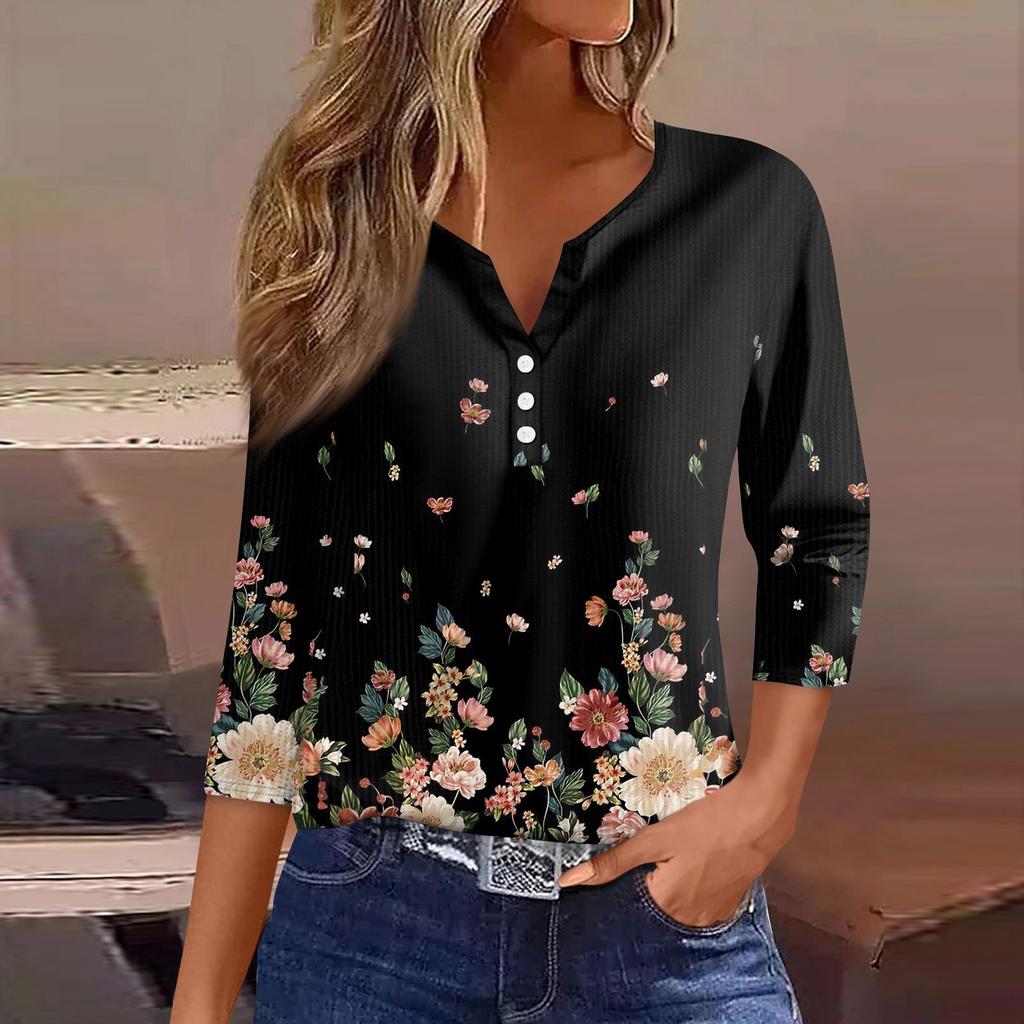 Женская футболка с принтом на пуговицах, рукав 3/4, вязаный свитер, повседневный, модный, на выходные, базовый, с V-образным вырезом, обычный топ