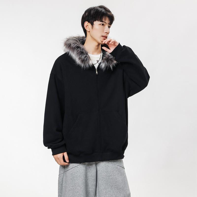 Womens Retro Faux Fur Collar Hooded Cropped Sweatshirt Oversized Fit Fall Winter Streetwear
