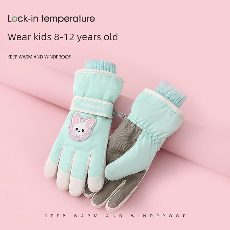 Kids Ski Gloves Winter Girl Fleece-lined Thickened 8-12 Years Old Student Cycling Windproof Heattech Snow Playing Cotton Gloves