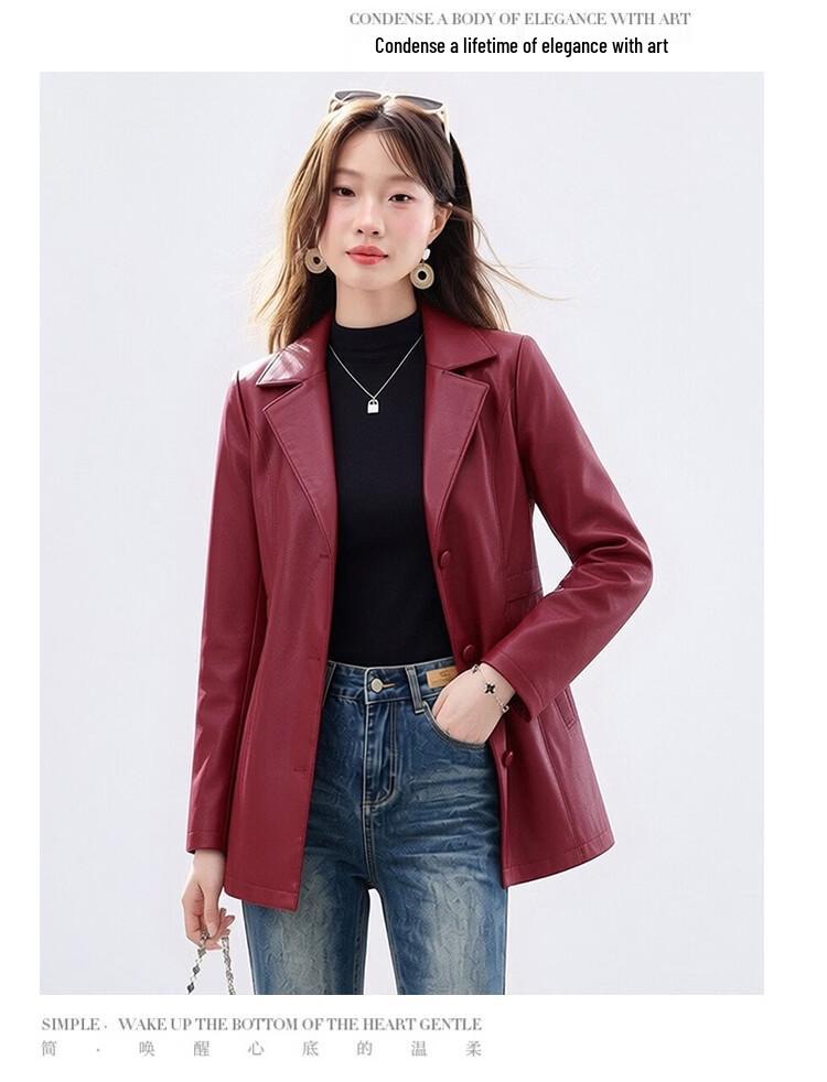 Sanpowa Women's Fall Windproof Lapel PU Leather Jacket