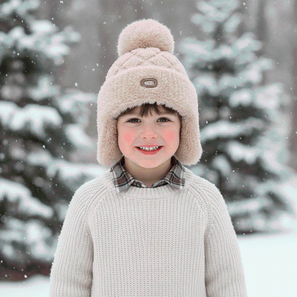 Thick Yarn Toddler Earflap Beanie Solid Color Baby Pom Hat Kids Winter Hat Snowy Day